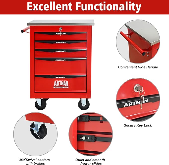 5 Drawers Tool Cart on Wheels with Stainless Steel Worktop, Heavy Duty Mobile Rolling Drawer Tool Chest with Locking Wheels & Lockable Drawers, Garage Tool Storage Cabinet (Red, 5 Drawers)