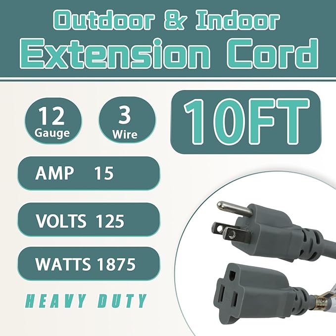 10 Ft Outdoor Extension Cord - 12/3 SJTW Heavy Duty Grey Extension Cable with 3 Prong Grounded Plug - Power Cord for Lawn, Garden, Appliances