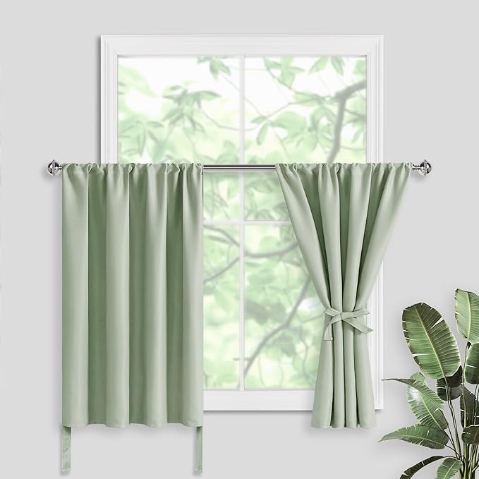 JIUZHEN Short Blackout Curtains for Small Window - Cafe Room Darkening Privacy Thermal Half Window Curtains Tiers for Bathroom,Kitchen, W 42 x L 36, Set of 2 Panels with Tiebacks, Light Green