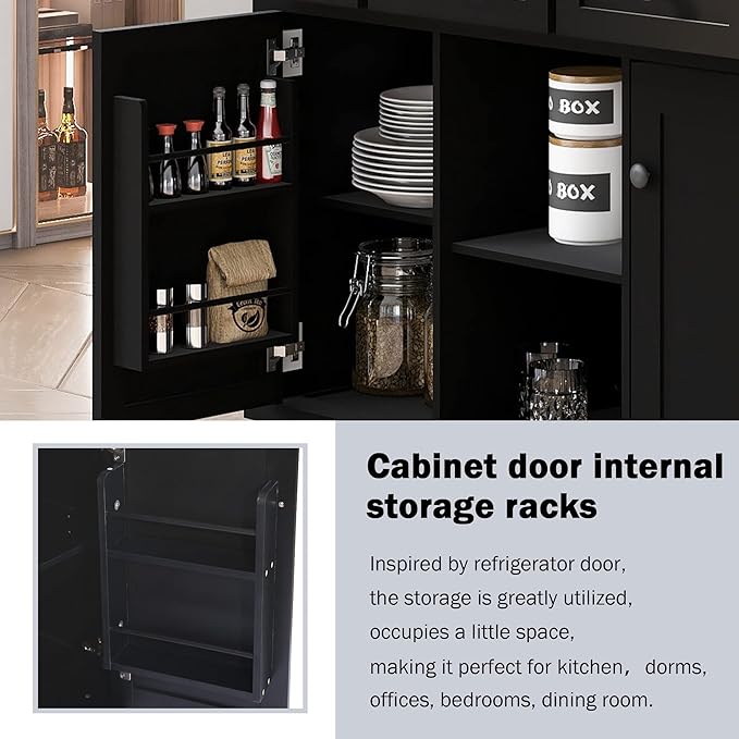 Yayzy Rolling Kitchen Island with Drop Leaf, Cabinet Door Storage Racks & 3 Drawers, Mobile Kitchen Cart with Rubberwood Top & Locking Wheels for Dining Room & Kitchen, 53-Inch, Black