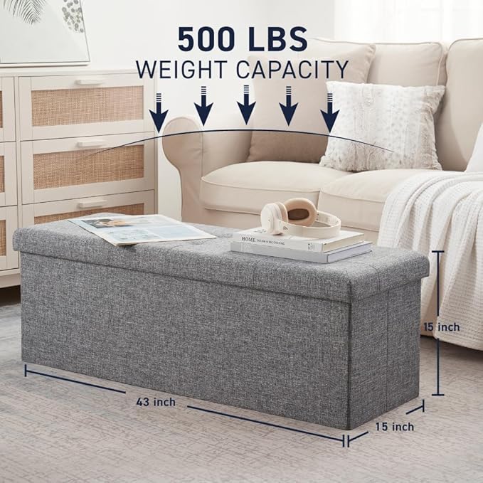 Ornavo Home 43 Inch Folding Storage Ottoman with Storage Bench, Long Large Storage Ottoman Bench, Storage Chest, Foot Rest Stool, Bedroom Bench with Storage- (Gray)