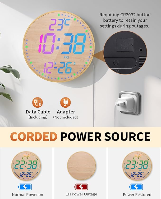 12" Large Digital Wall Mount Clock, Count Down Timer, Alarm, Big LED, 12 RGB Color, Temperature for Living Room Classroom Desk (Bamboo Elements)