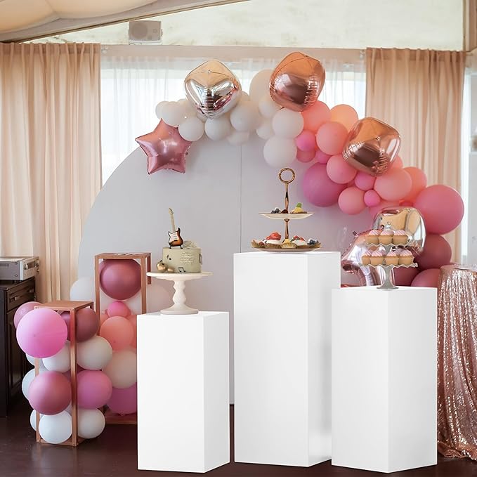 Cylinder Pedestal Stands for Party 3Pcs Metal Cylinder Stands for Parties Square Pedestal Display Plinth Pillars for Wedding Birthday Party Backdrop Decor, White