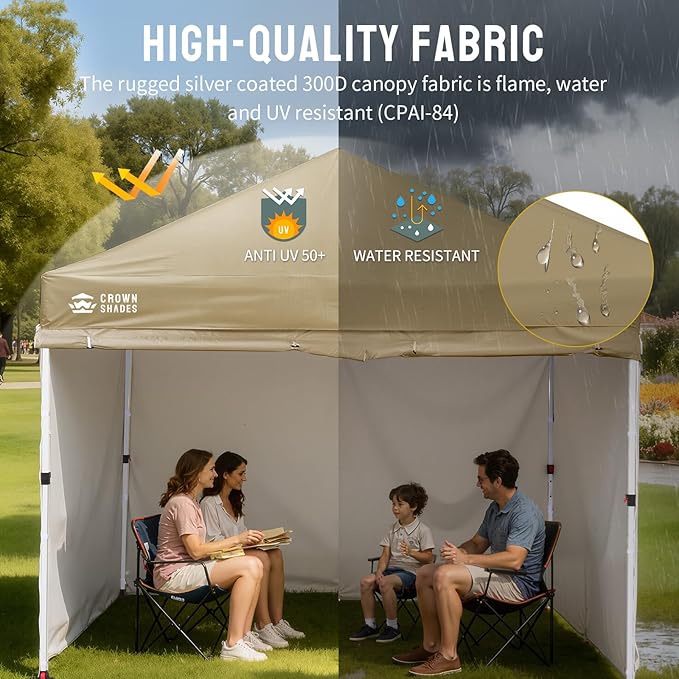 CROWN SHADES 10X10 Comercial Instant Canopy Pop Up Tent with Center Lock, 300D Fabric, 4 Sidewalls, Sto'N Go Bag, Beige