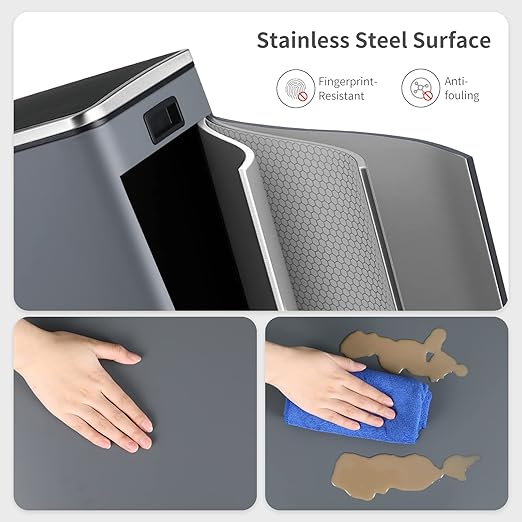 Arlopu Dual Trash Can, 2 x 8 Gallon (2 x 30 L) Hands-Free Trash and Recycle Bin Combo, Stainless Steel Kitchen Garbage Can with Soft-Close Lid, Removable Inner Buckets, Step Pedal, Airtight (Grey)