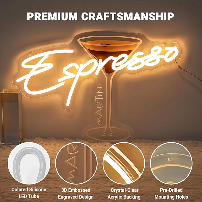 Custom Espresso Martini Neon Sign, Personalized LED Cocktail Club Wall Art Decor for Home Bar Kitchen Lounge Retro Espresso Wall Decor, Tini Time Martini Lover Gifts
