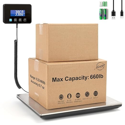 Miseyo 660lbs Heavy Duty Digital Shipping Scale - 0.7oz High Accurate Stainless Steel Postal Scale for Packages, Luggage, Small Business, Warehouse, Battery & Charging Cable Included
