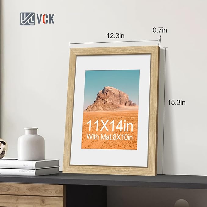 VCK 11x14 Picture Frame 5 Pack - Natural Oak, High-End Wood Poster Frames with Tempered Glass, Display 8x10 Photo with Mat or 11x14 without Mat, Art Gallery-Quality, Wall Hanging, Natural Oak