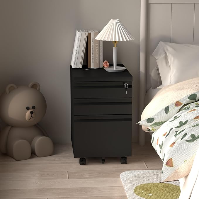 3 Drawer File Cabinet with Lock, Mobile Metal Filing Cabinet on Wheels, Under Desk Small Filing Cabinet for Home Office Storage, Letter/Legal/A4 Drawer Organizer with Anti-Tip Wheels (Black)