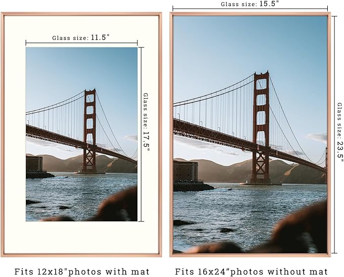 Frametory, 16x24 Metal Picture Frame with Mat for 12x18 Picture & Real Glass, Aluminum Photo Frame Collection (Rose Gold, 2 Pack)