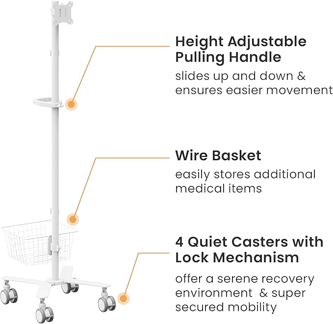 Mount Plus C09 Height Adjustable Mobile Medical Computer Monitor Display Cart with Wheels and Basket Storage | Medical Trolley for Hospital Clinic lab Beauty Salon | Pneumatic Mobile Workstation