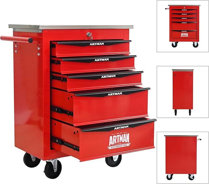 5 Drawer Rolling Tool Chest with Locker, 22.2" D Metal Movable Lockable Tool Cart Box Multi-Functional Hardware Storage Cabinet Box for Warehouse Basement Home Pantry Garage