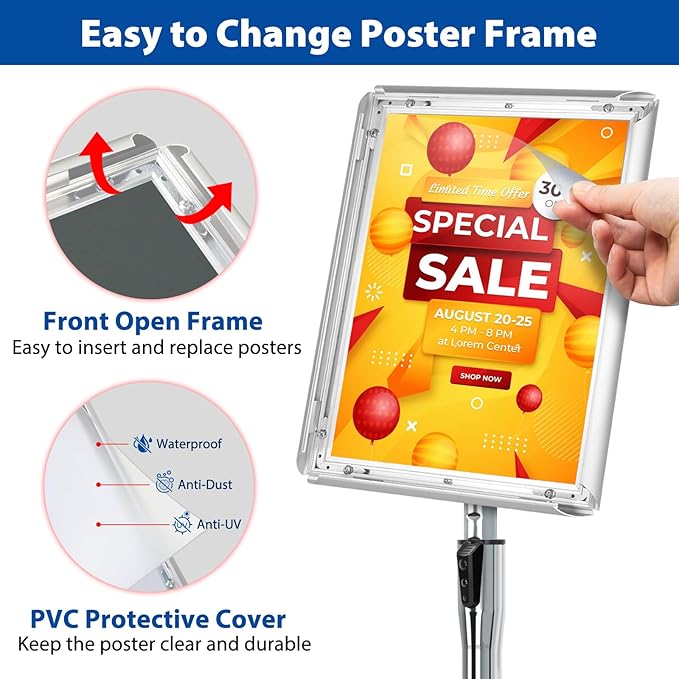 6Packs Floor Standing Sign Holder Stands for Display 8.5x11Inch Pedestal Poster Sign Stand, Adjustable Sign Holder Stand for Vertical & Horizontal View Sign Display Stand, Silver
