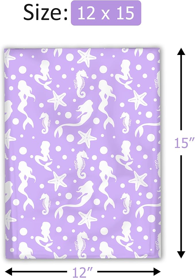 12x15 (50) Purple Mermaids Designer Poly Mailers Waterproof Self Sealing Tear Resistant Polymailers Shipping Envelopes Premium Printed Bags For Small Businesses