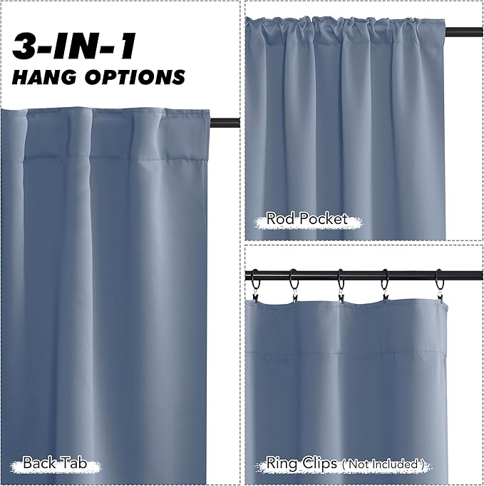 KGORGE Blackout Curtains for Bedroom, Privacy Light Blocking Thermal Insulation Noise Reducing Drapes for Living Room Bedroom, Back Tab Rod Pocket, W52 x L63 inches, Stone Blue, 2 Panels