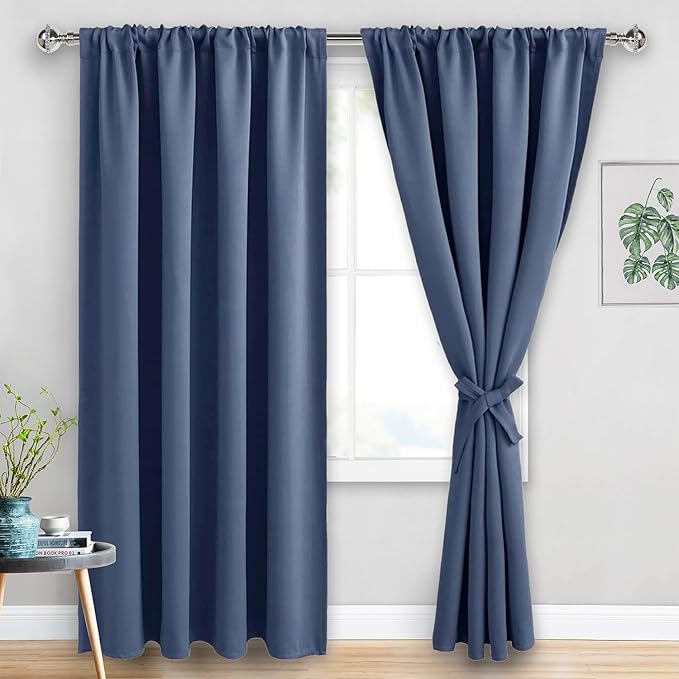 JIUZHEN Dusty Blue Blackout Curtains for Bedroom - Thermal Insulated Room Darkening Rod Pocket Curtains for Living Room, Set of 2 Panels with Tiebacks, 70 x 96 Inch Length, Dusty Blue