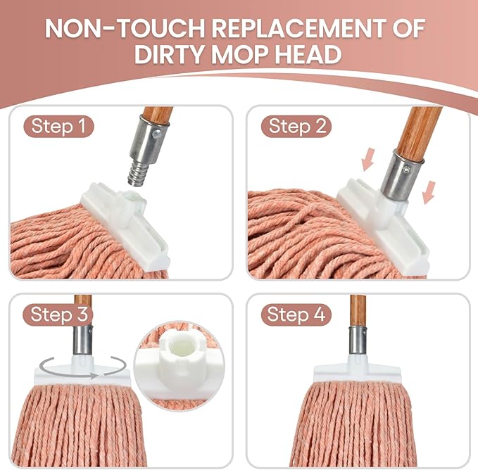 Matthew Cleaning Screw-on Heavy Duty Cotton Wet Mop Replacement Heads(Orange, Large,12 Pack) with 2 Pack Microfiber Cloth for Residential & Commercial Floor Cleaning Use- Fit Standard American Screw