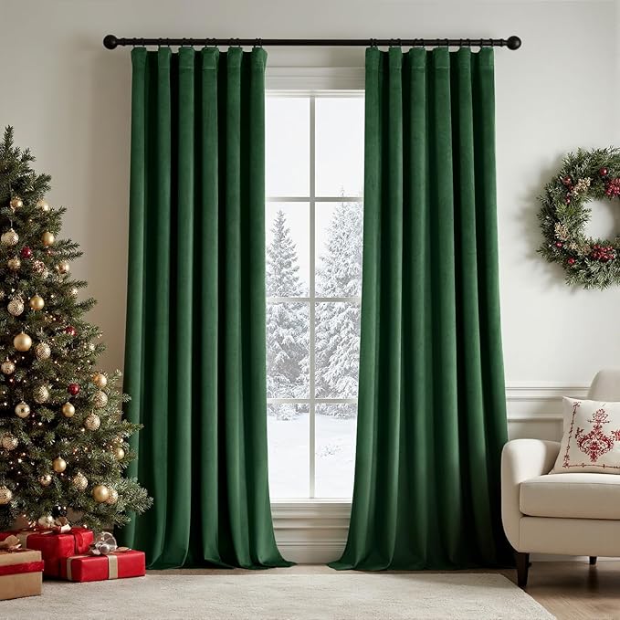 MIULEE Christmas Velvet Curtains 108 Inch Length 2 Panels Set for Bedroom Pinch Pleat Back Tab Luxury Thermal Insulated Living Room Darkening Pleated Blackout Extra Long Drapes with Hook Emerald Green