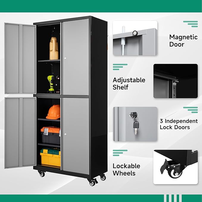 Letaya Metal Garage Storage Cabinet with Wheels,Steel Tool Rolling Cabinets with Lock Door and Adjustable Shelves fro Home Utility Organization Room (1PC-Black Gray)