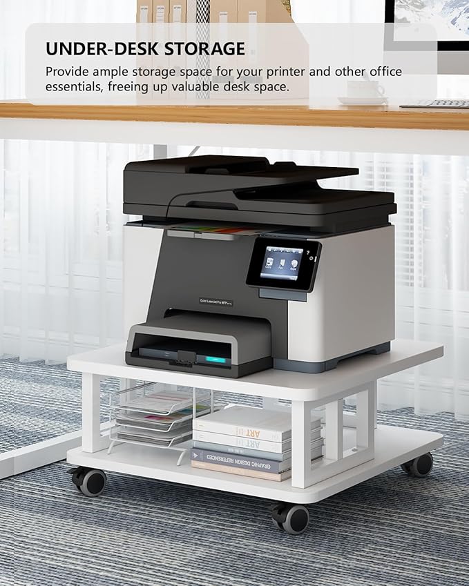 Mobile Printer Stand, 2-Tier Large Printer Shelf for Laser 3D Printer Office Machine with Storage, 23.6"x23.6" Wood Printer Cart Under Desk Rack with Wheels for Office Home Kitchen (White)