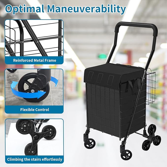 Grocery Shopping Cart with Waterproof Liner Stair Climber Utility Cart Easily Collapsible Cart with Tri-Wheels, 66lb Extended Foam Cover, Trolley for Stair, Laundry, Travel (Black-)