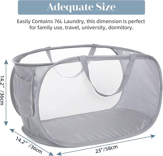 3 Pack Collapsible Laundry Baskets, Foldable Laundry Basket with Pocket, Mesh Pop Up Hampers, Reinforced Handles Dirty Clothes Hamper for Laundry, Bedroom, Bathroom, Dorm, Travel or Camping Grey