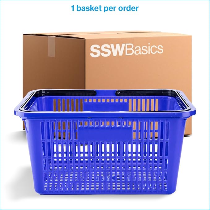 SSWBasics Blue Plastic Shopping Basket with Handles - Essential Shopping Baskets for Retail Store Use, Durable and Convenient Shopping Baskets for Customers