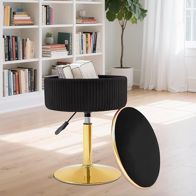 Adjustable Vanity Stool with Storage, 360° Swivel Makeup Stool Chair Small Velvet Round Ottoman with Gold Base for Bedroom (Black)