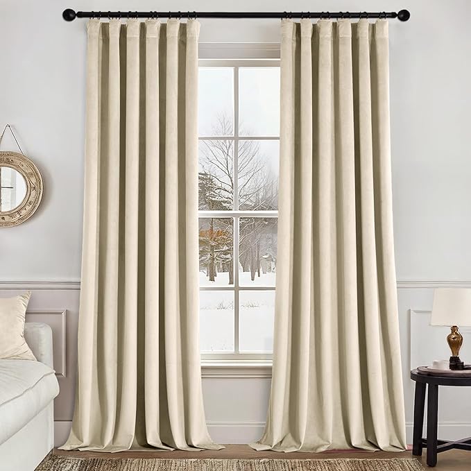 MIULEE Velvet Curtains 96 Inches Long 2 Panels Set for Bedroom, Pinch Pleat Back Tab Thermal Insulated Living Room Darkening Drapes Pleated Blackout Floor to Ceiling Curtains with Hooks, Beige