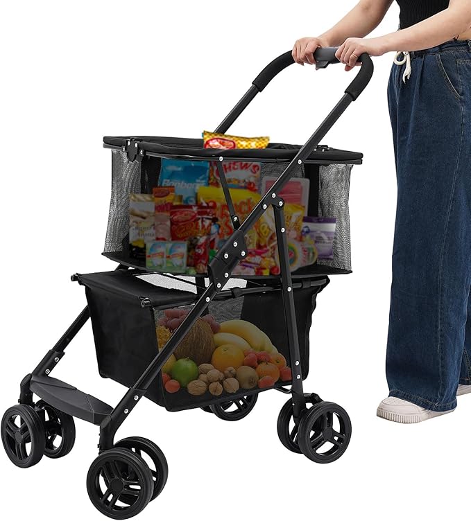 Foldable Shopping Cart, 110lbs Grocery Stroller with Removable Basket, Portable Personal Collapsible Cart with Wheels, Snack Storage Utility Cart for Supermarket Living Room Grocery
