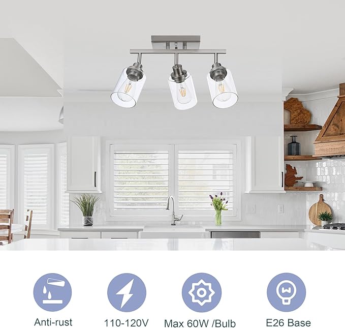 3 Light Track Lighting Kit Brushed Nickel Kitchen Track Lighting Fixtures Ceiling Mount Bathroom Vanity Wall Scones Light Fixture with Clear Glass, Rotatable Spotlight for Kitchen Shop Hallway