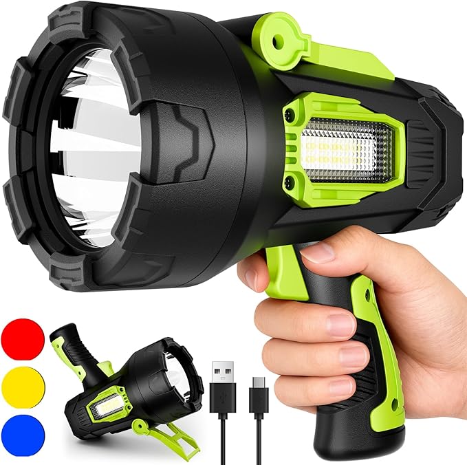 Rechargeable Spotlight，99,000 Lumens Super Bright LED SpotLights Flashlight, 10000ɱAh Spot Lights Long Runtime Waterproof ，Spot Light Outdoor Handheld with Cob Light & Foldable Tripod for Camping
