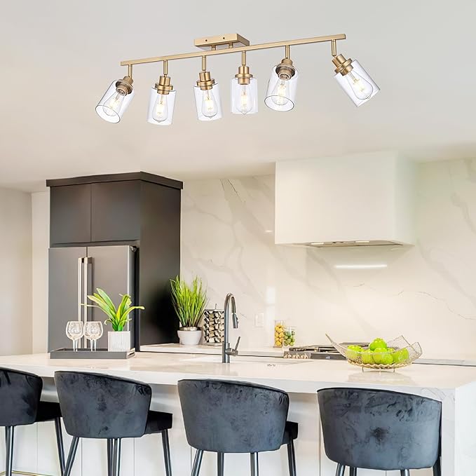 6-Light Track Lighting Kits Gold, Multi-Directional Rotating Kitchen Tracking Light Heads with Clear Glass, Modern Track Lighting Fixture Ceiling Vanity Lights for Bathroom Island Accent Shop