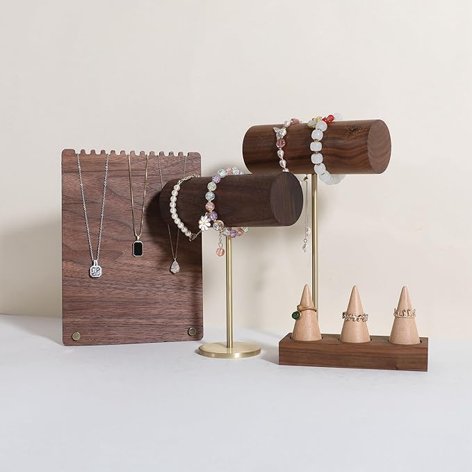 GemeShou Wood bracelet rack for selling, Metal brass bracelet display stand, Walnut bracelet holder organizer, Bangle Jewelry organizer T bar stand【Walnut Brass Bracelet Holder-Low】