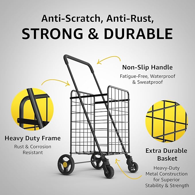 Shopping Cart w/Waterproof Basket Liner & 360° Swivel Wheels | Foldable Collapsible & Lightweight | Perfect for Groceries Laundry Utility Cart - Silver