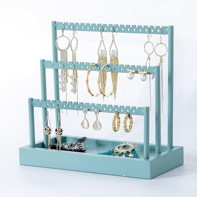 SANY DAYO HOME 3-Tier Earring Holder Organizer Stand, 105 Holes Teal Blue Metal Earring Rack Jewelry Display Tree with Wood Tray for Women and Girls