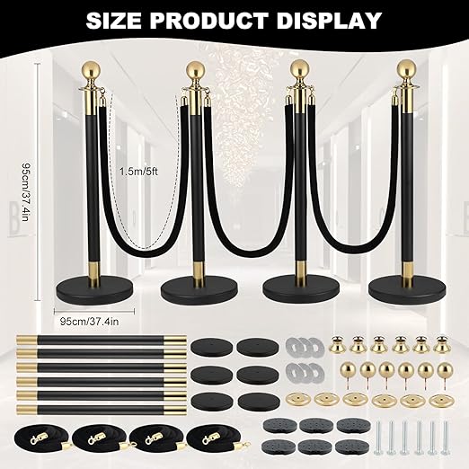 8PACK Stainless Steel Stanchion Post Queue 5 ft Black Velvet Ropes and Stanchion Poles Set Crowd Control Barriers with Fillable Base Used for Party Wedding Theaters Red Carpet - Black & Gold Color