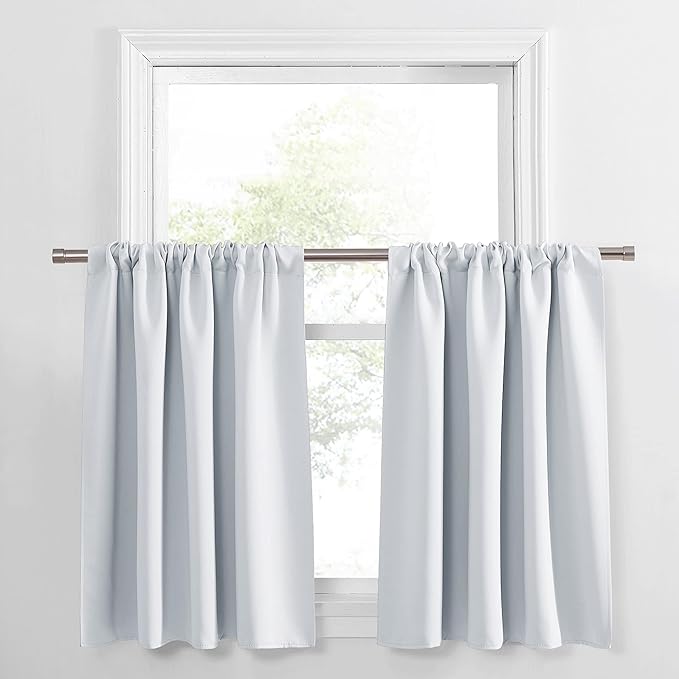 PONY DANCE Short Window Curtain Panels 30 inch Long - Rod Pocket Room Darkening Drapes for Bedroom Dorm Storage Door Kitchen Basement Farmhouse Decor, Greyish White, W 34 x L 30 inches, 2 Panels