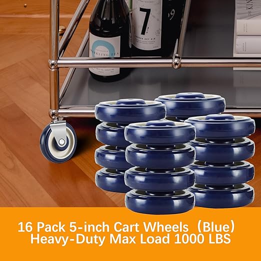 16 Pack Shopping Cart Replacement Wheels Kit, 5" Shopping Cart Casters, Double Ball Bearing TPU Silent Supermarket Casters for Supermarket (Blue)