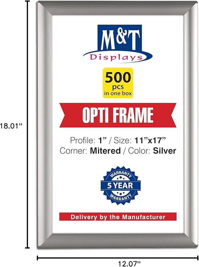 M&T Displays Opti Snap Poster Frame 11x17 Inch Silver 1" Aluminum Profile Front Loading Wall Mounting Photo Picture Document Certificate Sign Holder Mitered Corner Anti Glare Cover (500 pack)