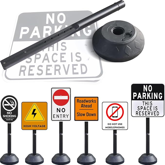 6 Pack Durable Sign Post and Water-Filled Base Set Kit - 13" DIA Stand with 41" Post - Bolts & Nuts for Hanging Signs, Portable Warning Sign Holder for Public Parking / Commercial / Recreational Use