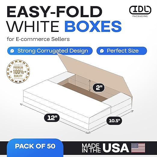 White Mailing Boxes 12"x10.5"x2", Pack of 50, USA-Made - Strong, Easy to Fold Cardboard Boxes for Secure Storage, Shipping and Moving - Water-Resistant and Snug Fit Cardboard Mailers by IDL Packaging