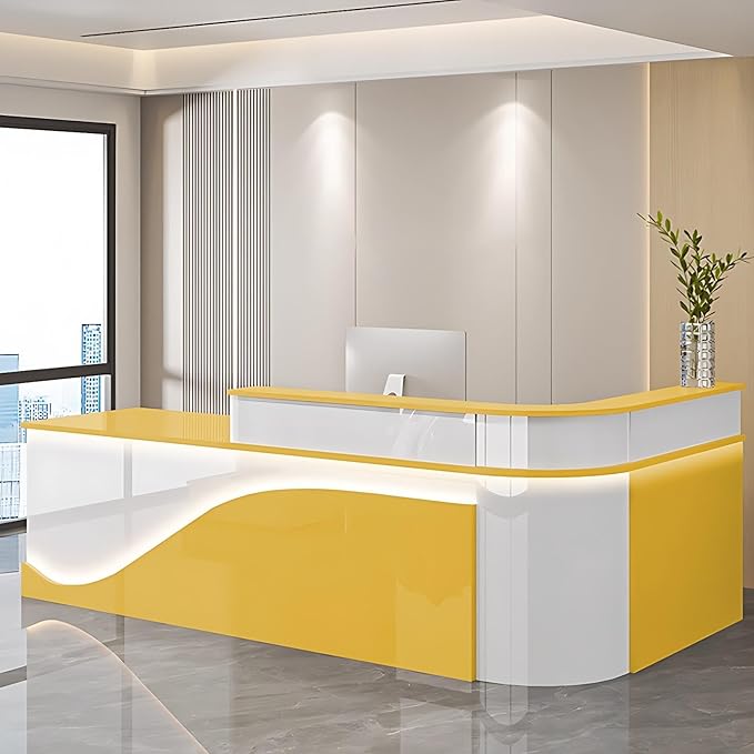 Modern Reception Desk – Front Desk, Reception Counter for Office, Checkout Counter, LED Lighting, Storage, Soft Close Drawers, Custom Logo, Fully Assembled (T,88IN)