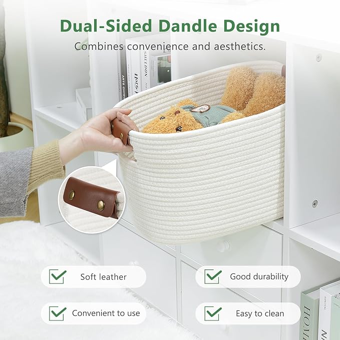 Cotton Rope Basket, Storage Baskets with Handle, 15x10x9 Inch Woven Basket for Shelves, Laundry, Towels, Clothes, Books (White 2Pack)