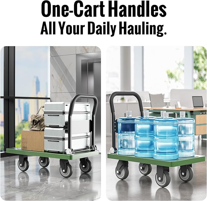 Upgraded Foldable Push Cart Dolly | 880 lbs. Capacity Moving Platform Hand Truck | Heavy Duty Space Saving Collapsible | Swivel Push Handle Flat Bed Wagon - Green