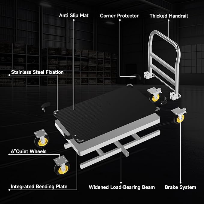 Extra Large Platform Truck Cart, 44 x 28 Heavy Duty Push Cart Dolly 2500 LBS Capacity, Flat Cart with Non-Slip Mat and 6" Swivel Brake Wheels