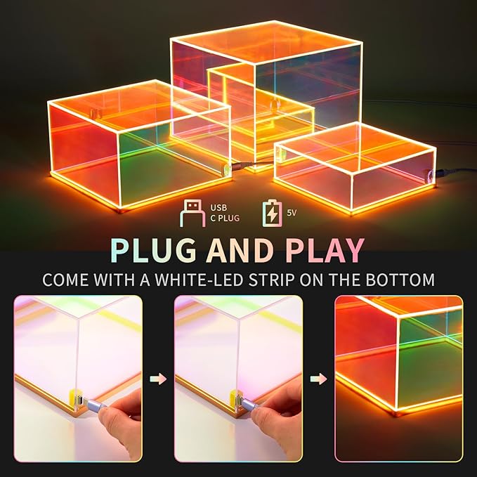 3Pcs Iridescent Acrylic Display Risers with LED light Plug and Play, Stackable Acrylic Cube Boxes Rainbow Display Stand with Hollow Bottom for Figures Jewelry Perfume Purse Food Buffet Riser