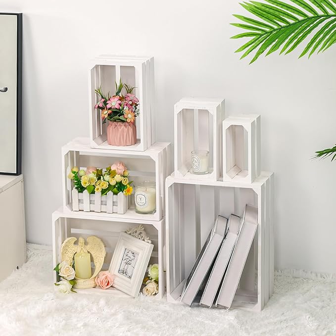 BOBOKA Set of 6 Decorative Wood Crates Nesting Storage Container, 6 Size Farmhouse Decorative Wooden Storage Boxes, Rustic Wooden Crates for Storage, Display, Christmas Decorations