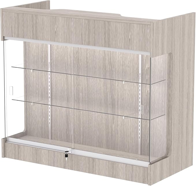 Ledgetop Checkout Counter with Glass Showcase View Front, Black Wooden Cash Register Stand with Showcase,Retail Glass Display Cabinet Counter (Gray Wood Grain, 48 in)