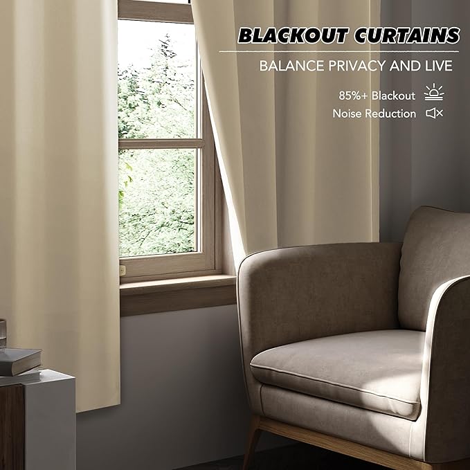 KGORGE 45 inch Curtains for Small Window, Privacy Solid Thermal Insulated Curtains Noise Reducing Window Drapes for Living Room Kitchen, Back Tab Rod Pocket, W52 x L45, Biscotti Beige, 2 Panels